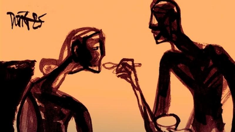 Hình ảnh một cặp vợ chồng ngồi đối diện nhau, một người khoanh tay, biểu cảm khó chịu, người còn lại trông buồn bã, minh họa sự chì chiết trong gia đình.