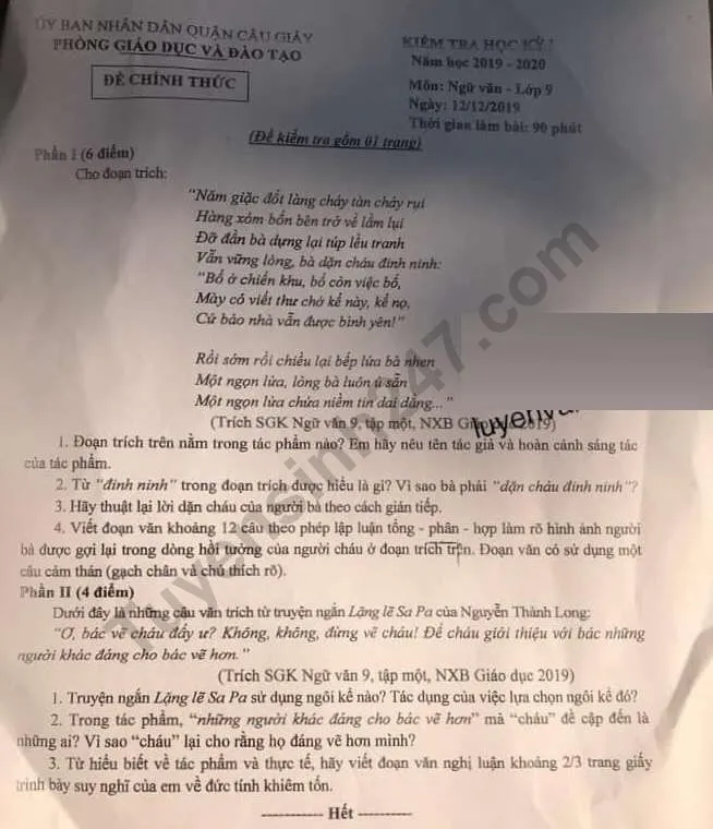 De thi ki 1 mon Van lop 9 Quan Cau Giay 2019 - 2020