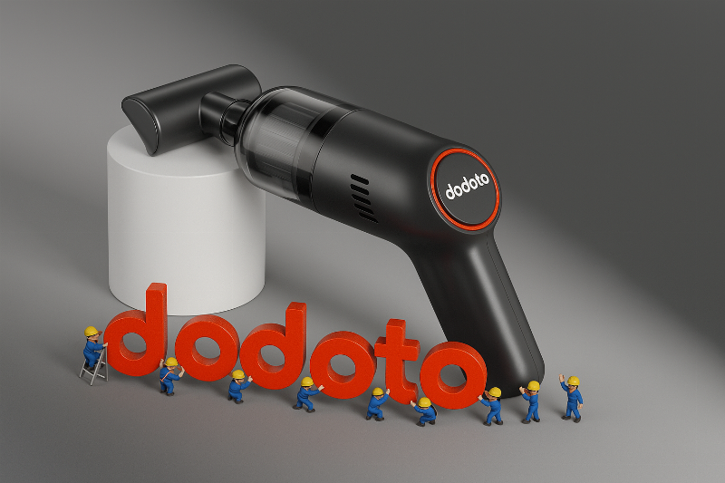 Một người đang cầm máy hút bụi mini không dây di chuyển trong nhà, thể hiện tính cơ động.