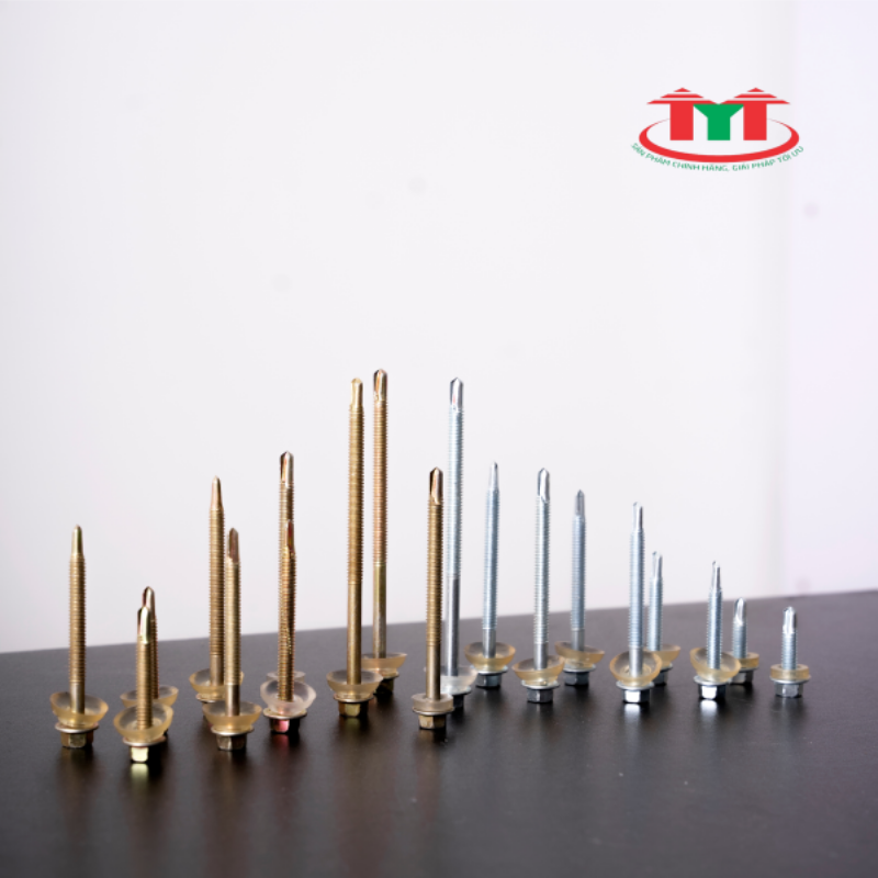 Cấu tạo chi tiết của vít bắn tôn bao gồm đầu lục giác, ren, mũi tự khoan và gioăng cao su chống dột cho mái tôn.